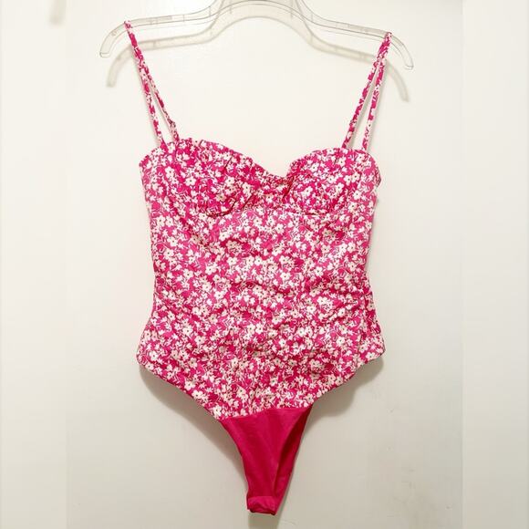 Zara Printed Corset Bodysuit Pink White Floral Medium NWT - Picture 6 of 9